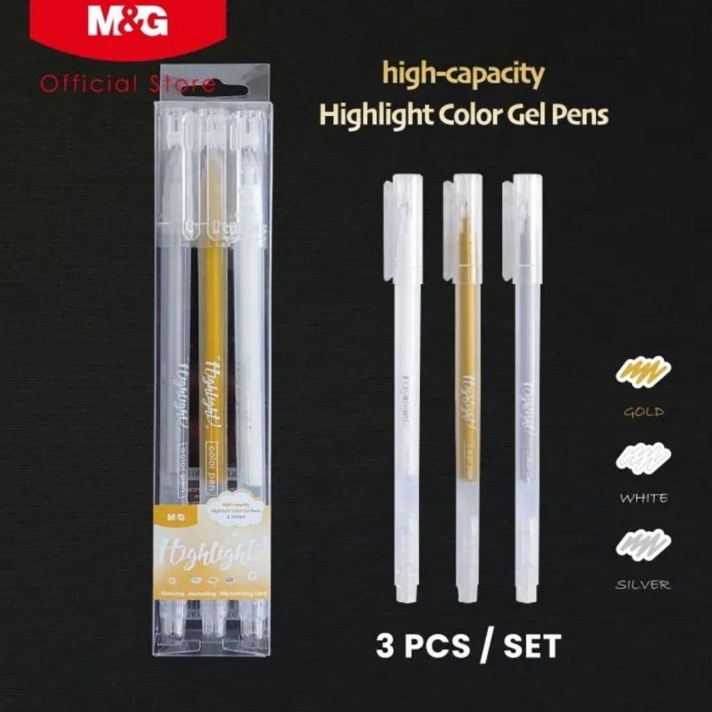 

Highlight Gel Colour 3 in 1 M&G Textiliner Warna #AGPY5573 Gold Silver White Highlighter Color Gel - SET SHESB