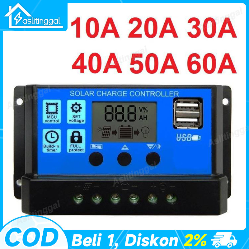 Solar Charge Controller LCD LED Display Solar Cell PWM 12V 24V 10A 20A 30A 50A 60A USB Panel Tenaga 