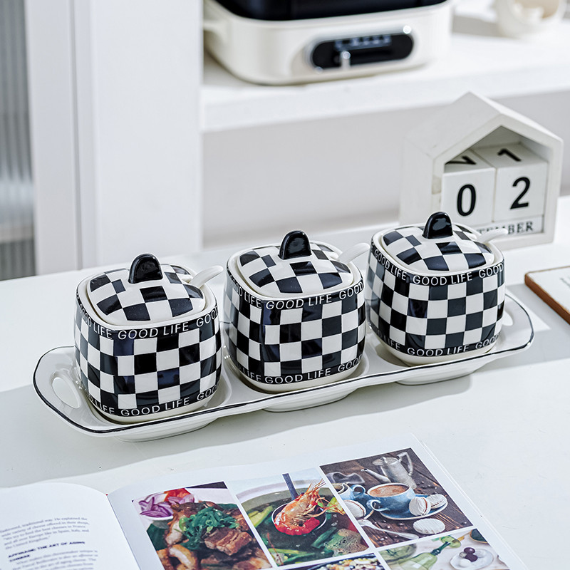 Kotak-kotak Hitam dan Putih Keramik Kotak Bumbu Dapur Rumah Set Panci Bumbu Monosodium Glutamat Bumb