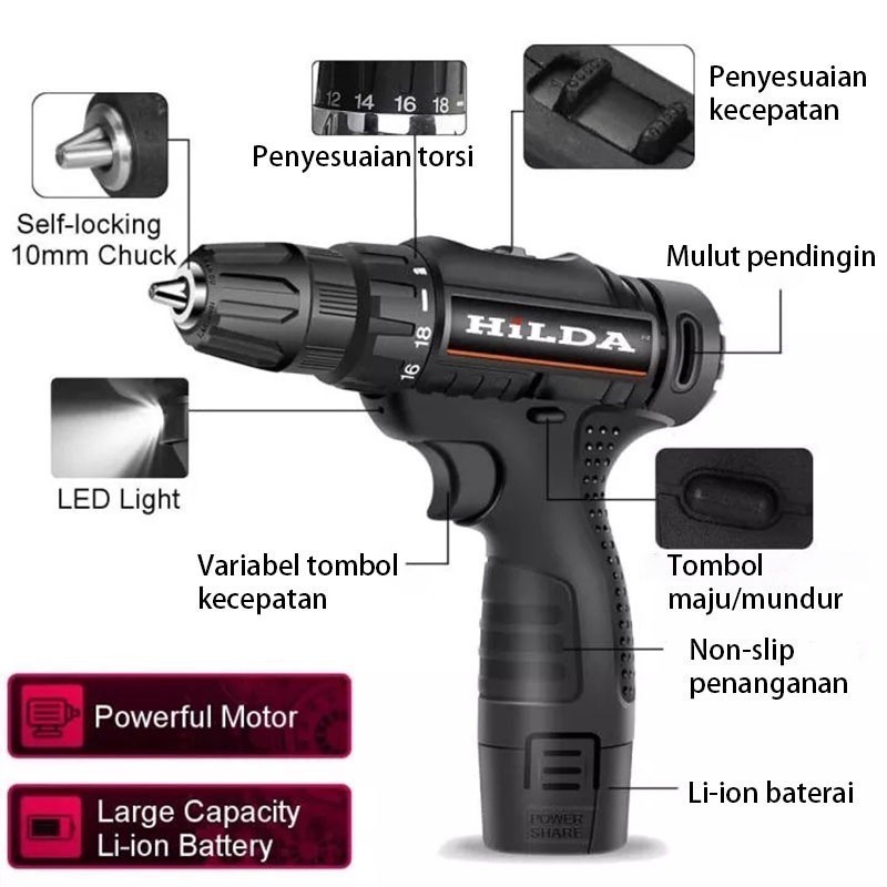HILDA 12V Alat Listrik Mesin Bor/Obeng baterai impact drill cordless charger beton kayu besi elektri
