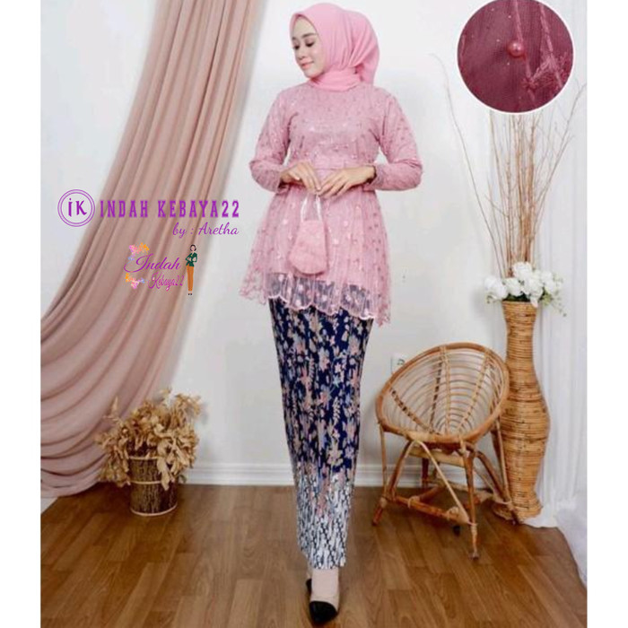 ✨NEW✨ -Kebaya Modern Hijab Tile Bordir Mutiara Setelan Kebaya Wisuda - mocca, KEBAYA SAJA M