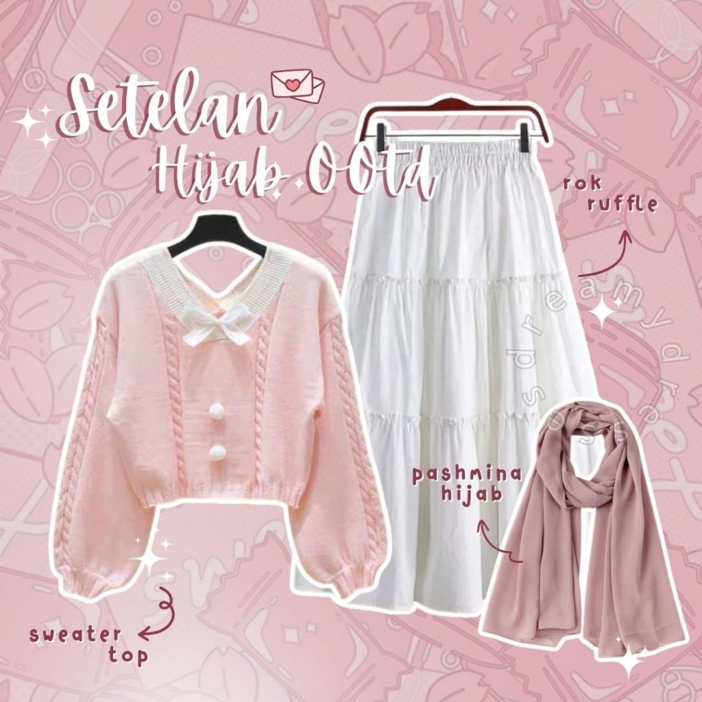 Penawaran Terbatas Dazzelchic 3in1 Set 136 - Setalan Hijab Wanita Kekinian Kawai Vintage Baju One