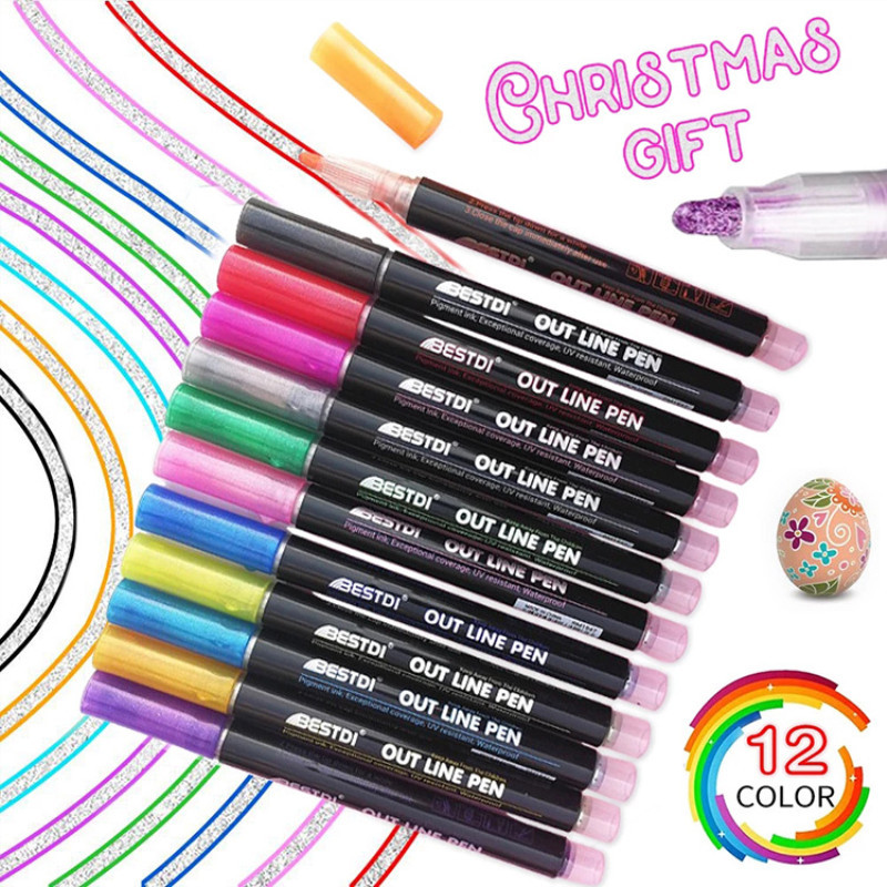 

8/12 Color Double Lines Contour Colored Paint Marker Set Outline Metallic Markers for Scrapbooking Bullet Diary Poster Gift Card
