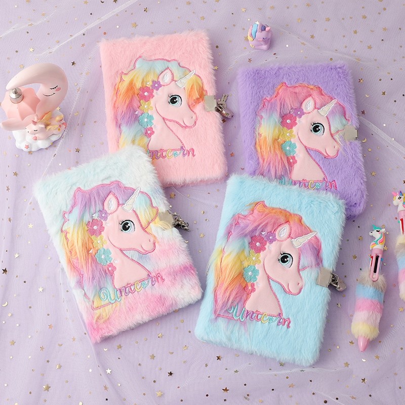 

A5 Cartoon Unicorn Plush Notebook With Lock Diary Book For Children Gift Student School Office Stationery