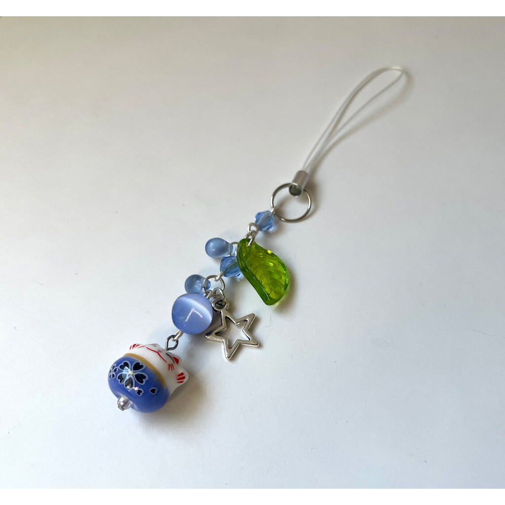 Handmade blue lucky cat phone charm | cat charm | phone accessories | leaf charm | blue lucky cat Ke