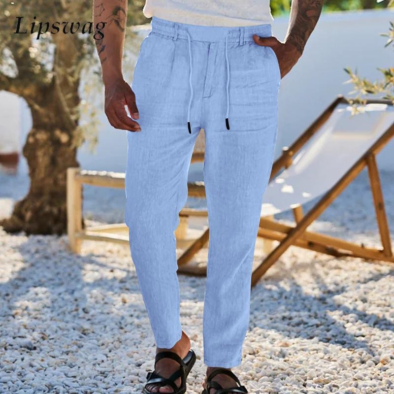 

Vintage Solid Color Cotton Pants Mens Fashionable Drawstring Straight Pants 2024 Fall Daily Casual Breathable Loose Men Trousers