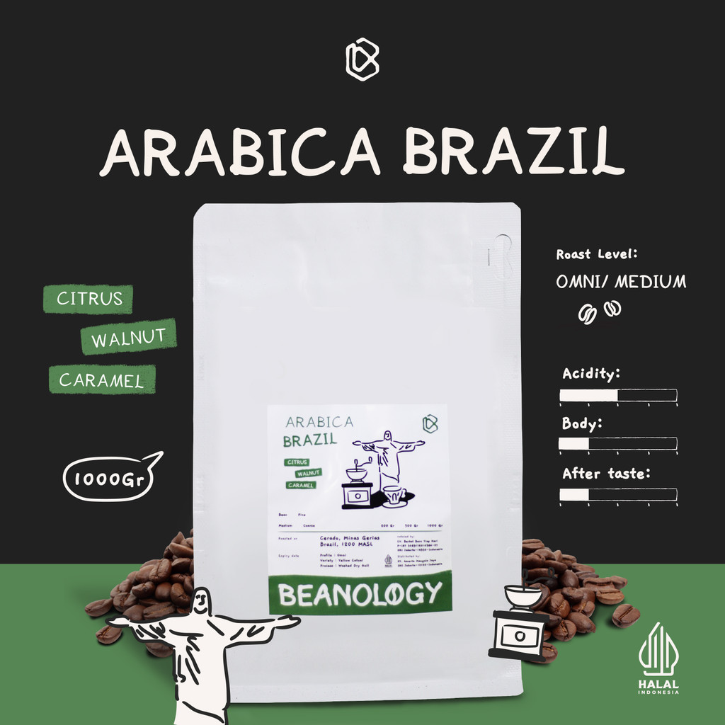 

Biji kopi bubuk Arabika Brazil Cerrado 1KG Single Origin Grade 1 Coffee Roasted Bean -Beanology Coffee