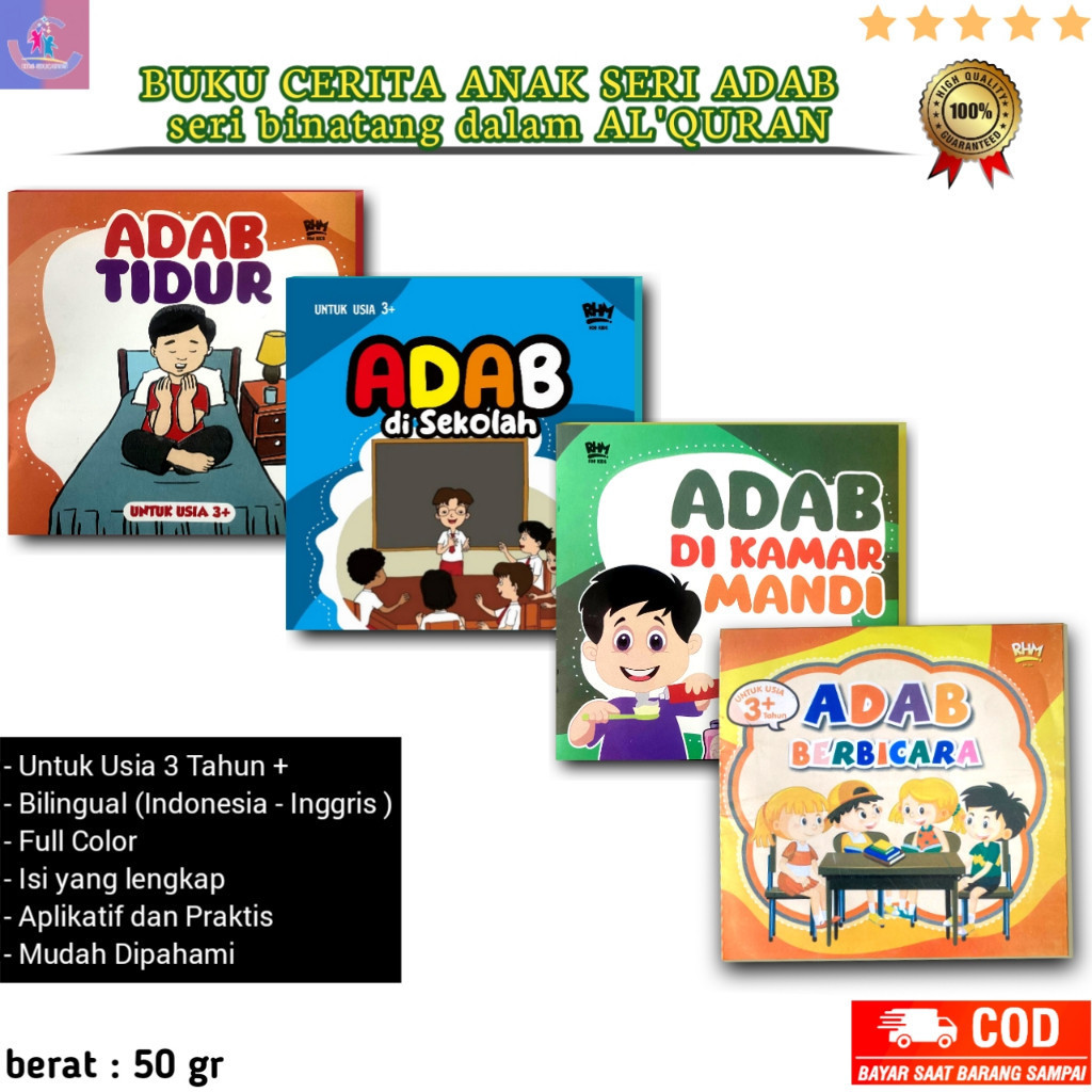 

Buku Cerita / Bergambar Islami Seri Adab / Buku Bilingual Usia 3 Tahun / Cerita anak Full Color / Adab Di Sekolah / Adab Tidur / K E