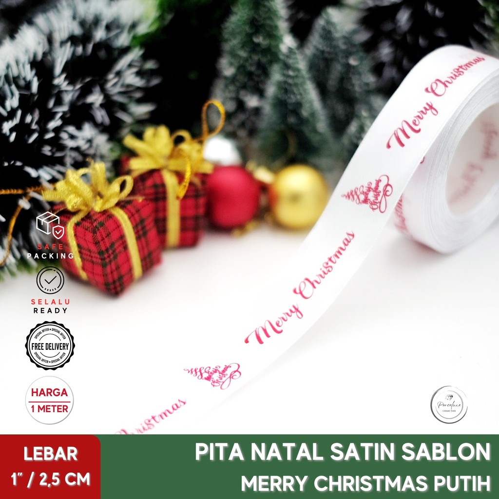 

[Meter] Pita Natal Satin Motif Pohon Merry Christmas Warna Putih Printing Merah Lebar 1" Inch / 2,5 cm Kado Hiasan Dekorasi Hampers Parcel Craft Kain Ribbon Grosgrain Premium Xmas Tree