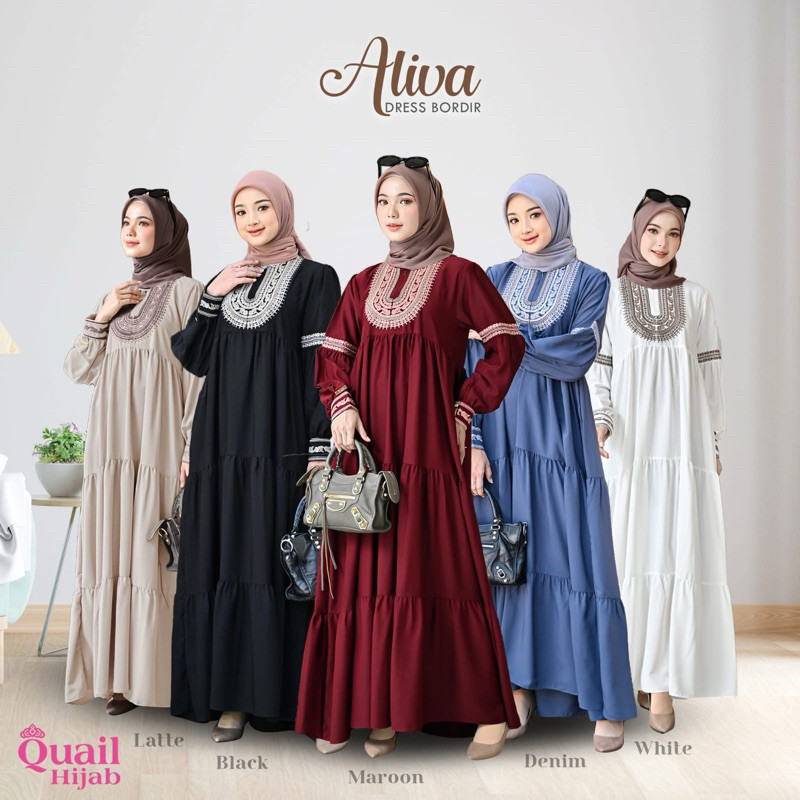 Aliva Dress Original Quail Hijab Dress Bordir Aiko Jetblack Gamis Jetblack Quail Fashion Dress Wanit