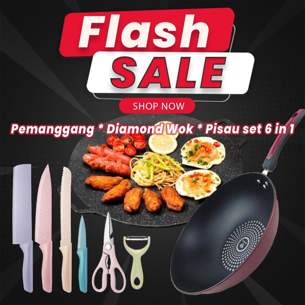 KI98U COD NICEMARK Panci Diamond Wok Grill Pan Set Pisau 6 in 1 Bundle Promo Hemat Pemanggang BBQ Se