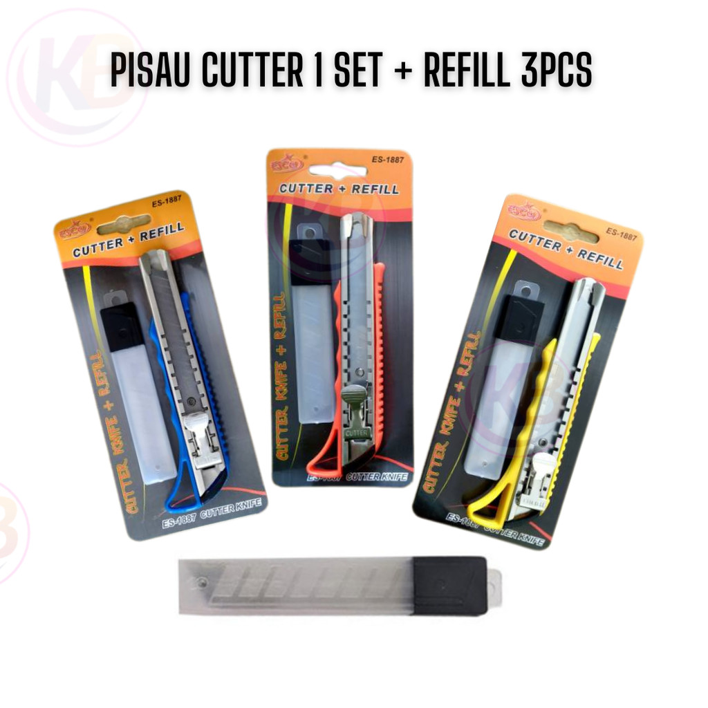 

2 Set / Cutter pisau potong / Pisau cutter + Isi refill 3 pcs / Cutter Es-1887 Knife scissors / Duta gemilang