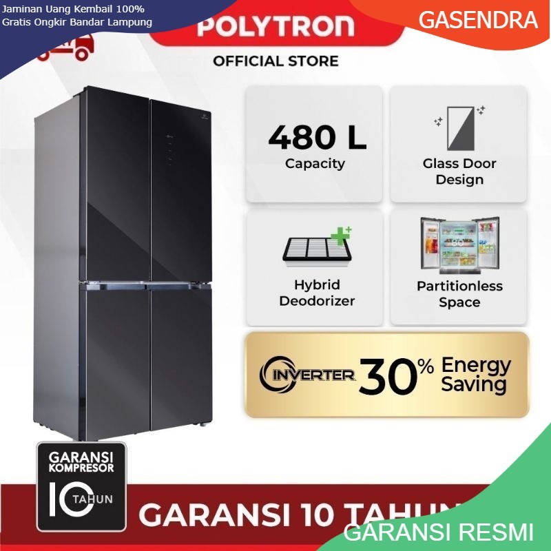 KULKAS 4 PINTU POLYTRON PRS 510X INVERTER BLACK GLASS 480 L