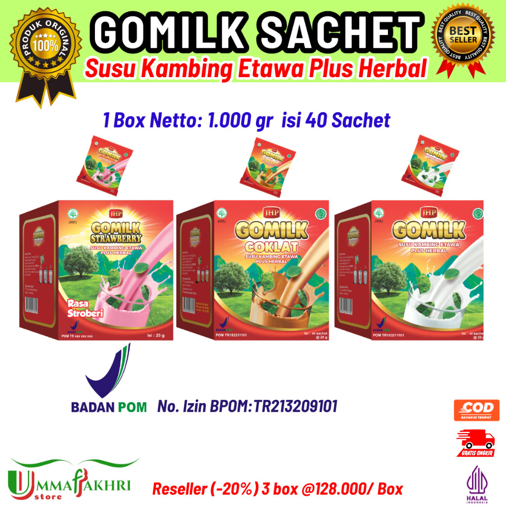 

GOMILK SACHET / 1 BOX netto 1KG isi 40 Sachet / SUSU KAMBING ETAWA PLUS HERBAL