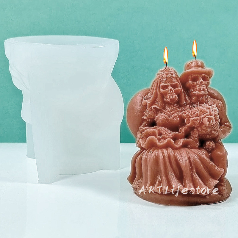 

New Skull Couple Silicone Candle Mold DIY Bride and Groom Sculpture Crafts Plaster Resin Casting Tool Halloween Decoration Gift