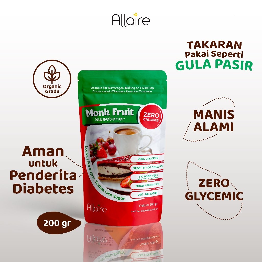 

Allaire Monkfruit Sweetener - 200g | Gula Diet Keto Lou Han Guo | Diet Sugar Lou Han Guo | Pemanis Monkfruit Nol Kalori | Halal