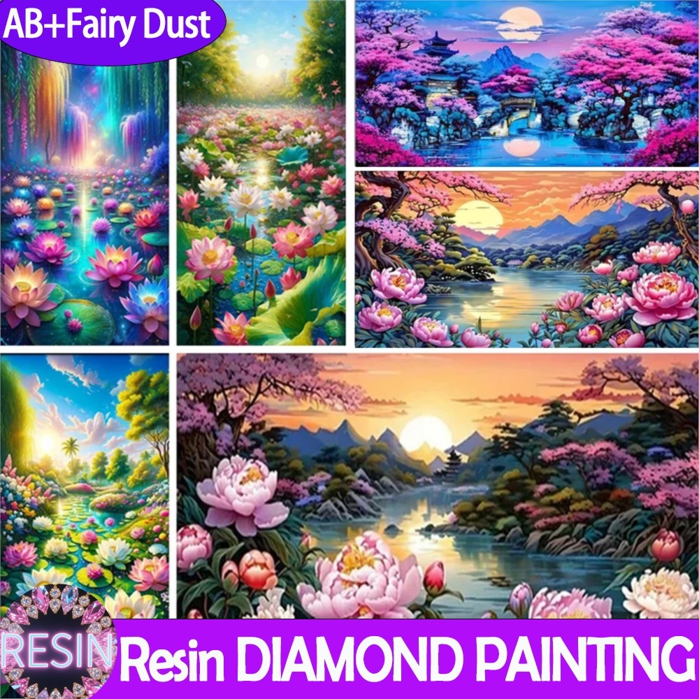 

Resin AB Fairy dust 5D Diy Diamond Painting Purple Pink Moon Mountain And Waterfall Full Drills Mosaic Cross Stitch Home Decor