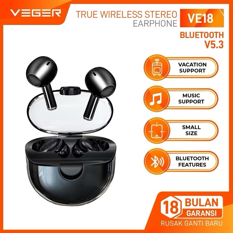 VEGER VE-18 TWS / Wireless earphone bluetooth 5.3 VEGER VE-18 TWS supermini ORIGINAL GARANSI RESMI