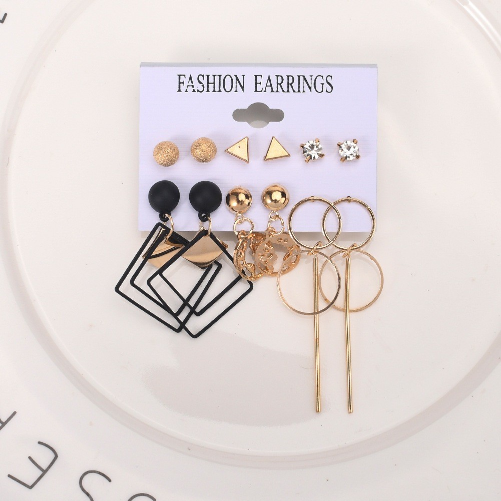 Anting Set Tusuk Panjang Juntai Gantung 6 Pasang / Set Geometri Bola Kristal Aksesoris Fashion Velo