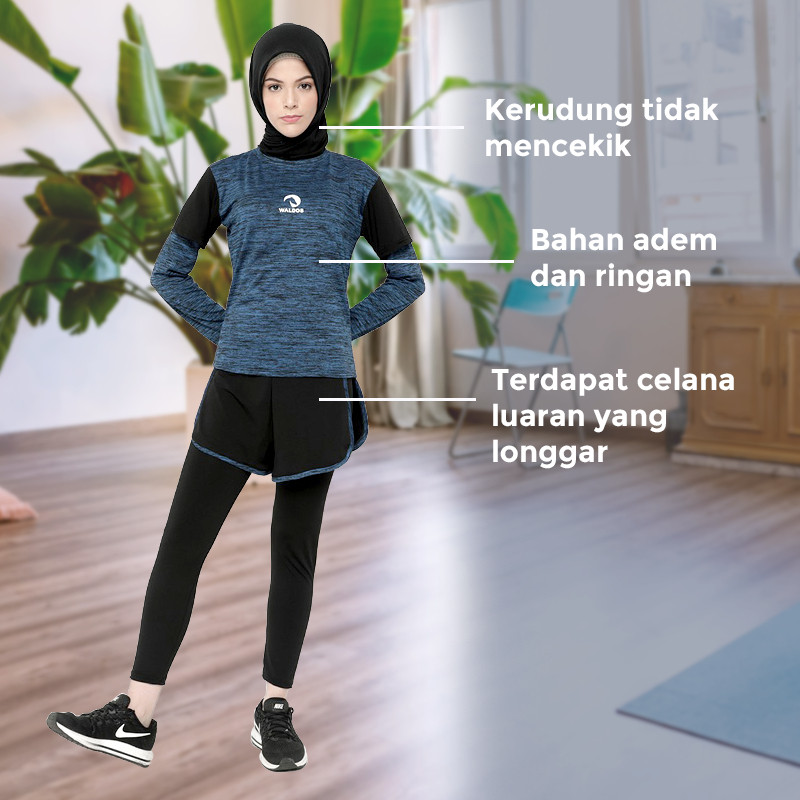 Setelan Baju Wanita Training Performance Hijab 3 In 1 Three Tone Lycra Biru