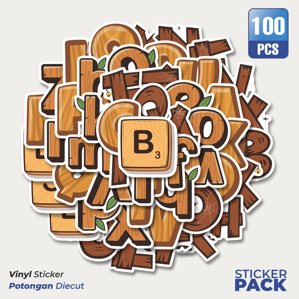 

MURAH 100 PCS Stiker Alphabet Wood Stiker Waterproof Aesthetic- Untuk Laptop, Motor, dan Helm - Paper Stationery Pack