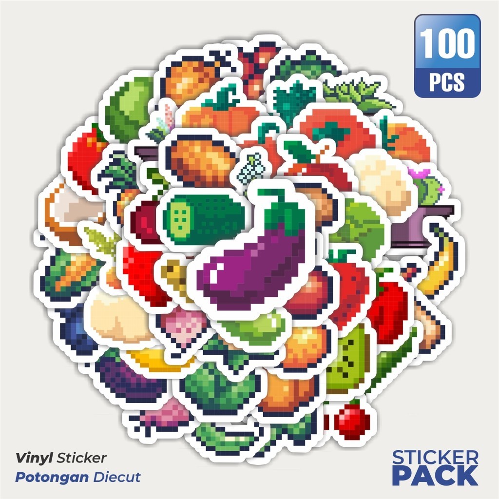 

100 PCS STIKER Pixel Buah Sayuran Waterproof Aesthetic- Untuk Laptop, Motor, dan Helm - Paper Stationery Pack