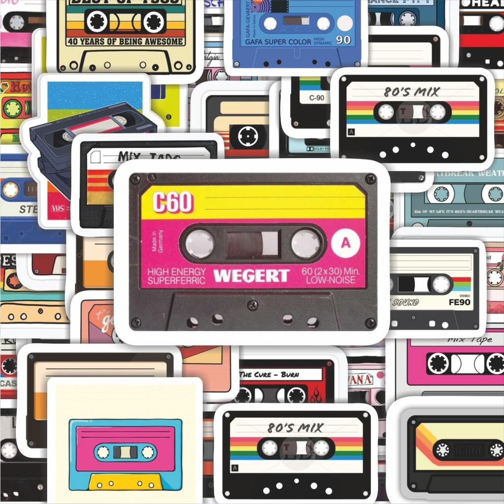 

100PCS Lucu Stiker Audio Tape Stiker Aesthetic Stiker Anti Air Stikers Berperekat Waterproof sticker decal buat Motor Helm Buku Journal Koper Casing HP Laptop Botol Minum Hadiah anak