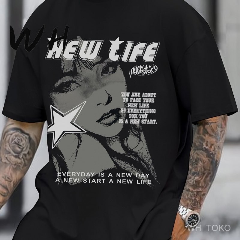 WH Beauty Print, Men's Round Neck Short Sleeved Shirt, Minimalist Style T-shirt, Fashionable Regular