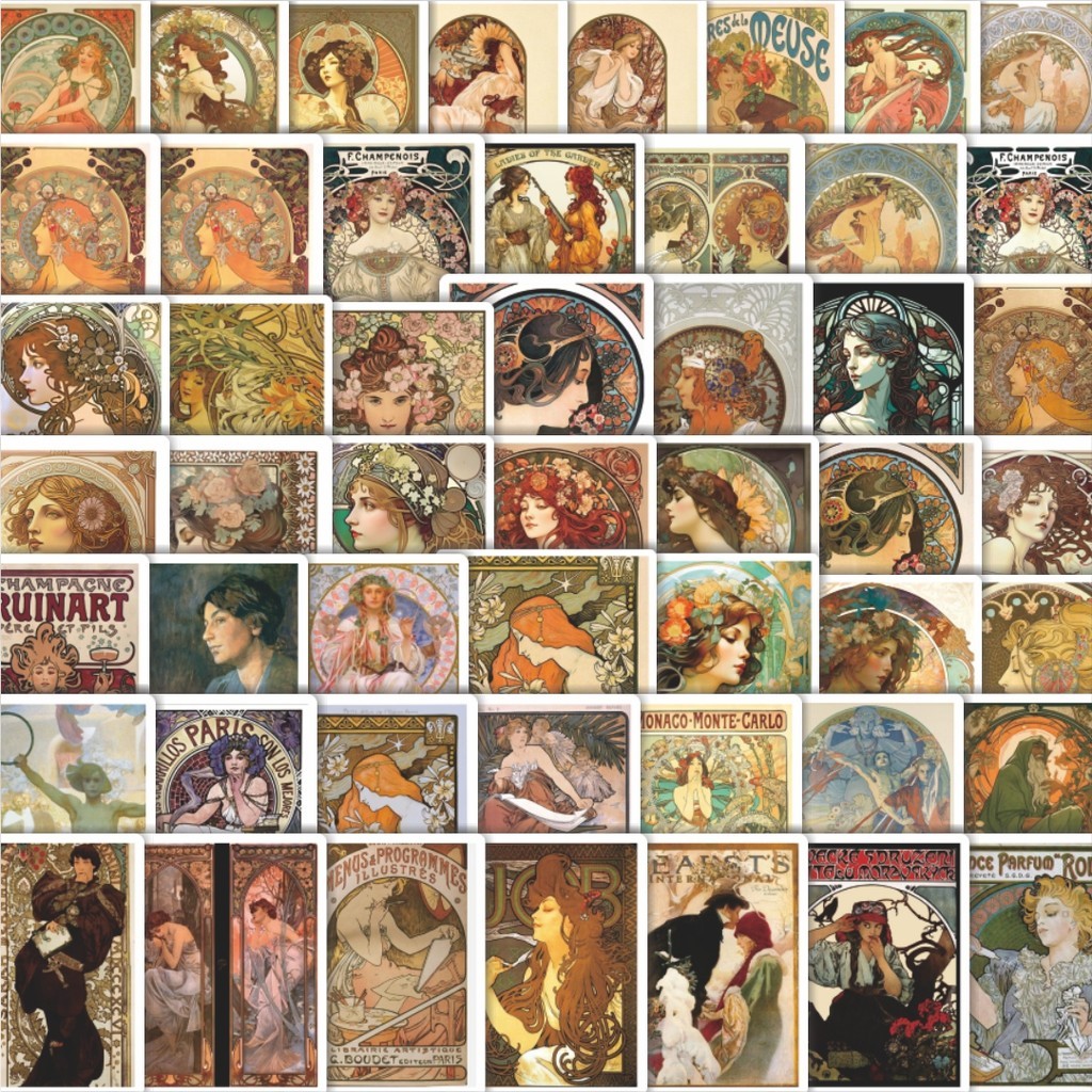 

Stiker Cutting Pack Stiker Mucha Art Nouveau Collection/Koleksi Isi 100Pcs Series Aesthetic Lucu Keren Untuk Koper Bahan Vynil