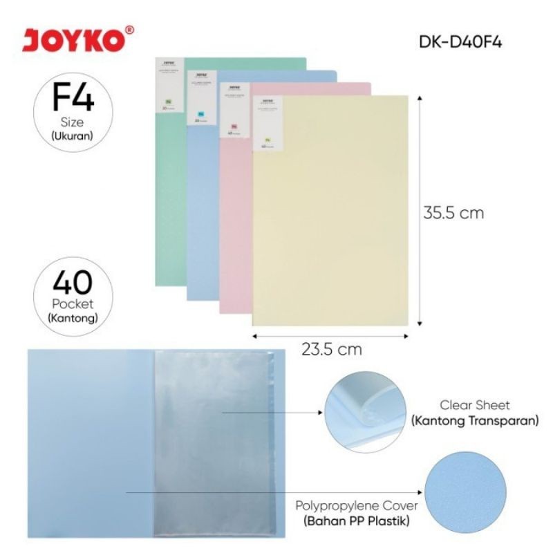

[ TRM ] - ORIGINAL Clear Holder Folio 40, Document Keeper Map File Folder F4 40 Lembar Pastel JOYKO DK-D40F4 Tf8
