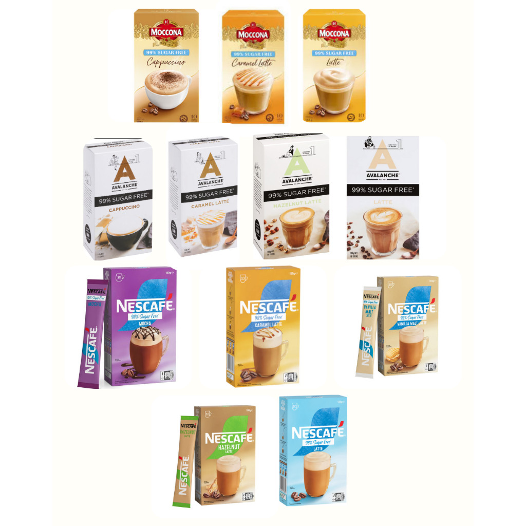 

moccona/avalanche/nescafe,kopi sachet, sugar free,tanpa gula,rendah kalori, instant coffee,kopi praktis cocok untuk diet/ keto, low calorie coffee drink, praktis dan enak, cocok untuk gaya hidup sehat, no sugar added,kopi rendah kalori