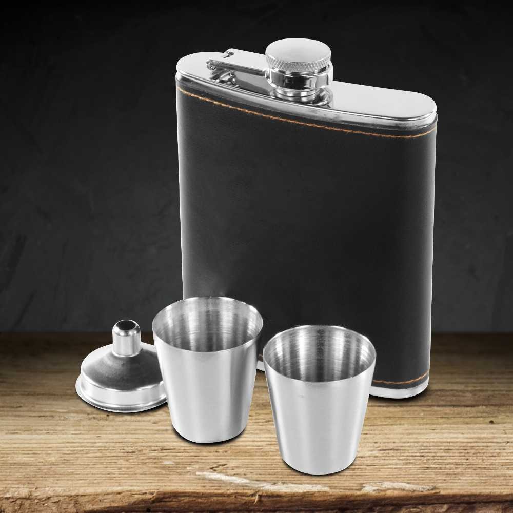 Botol Hip Flask Jack Daniels 7oz Stainless Kulit dengan 2 Shot Glass dan Corong Mini Whiskey
