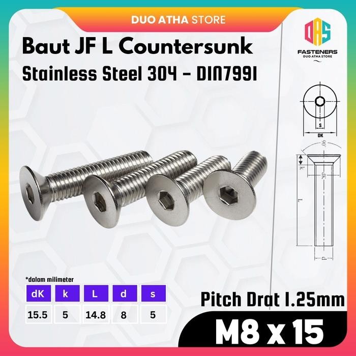 M8x15 Baut JF L M8 x 15 Stainless / Baut Verseng M8 x 15 Stainless / Countersunk M8 x 15 Stainless S