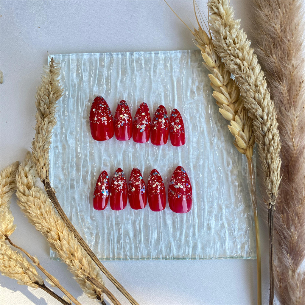 FREE LEM - Kuku palsu pendek pengantin wedding warna merah| Press on nails handmade| Kuku palsu nail