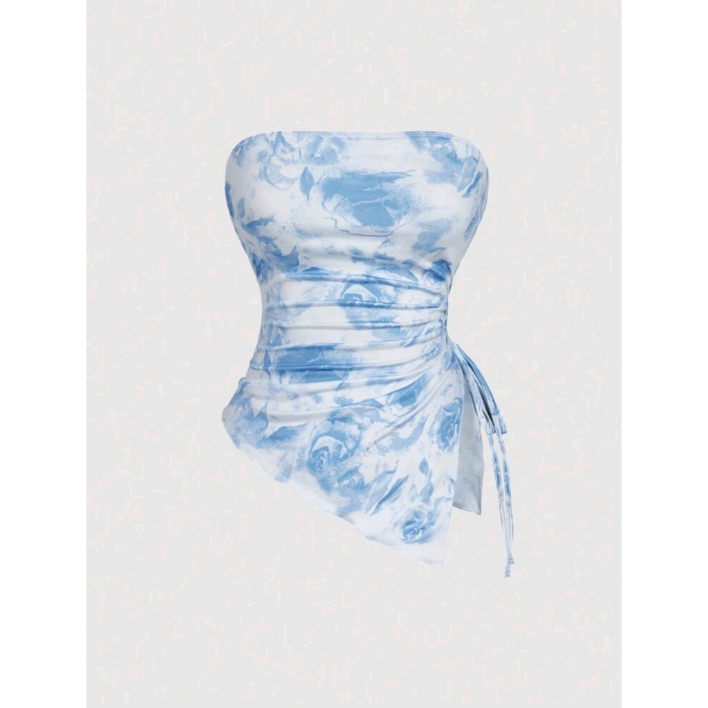 Mod Tube Top With Side Drawstring, Asymmetrical Hem, Retro Printed Tube Top