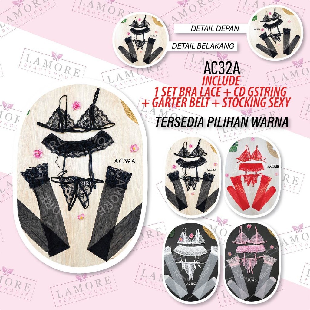 Bra Set Cd G String + Stocking + Garter Belt Premium Hitam Ac32A