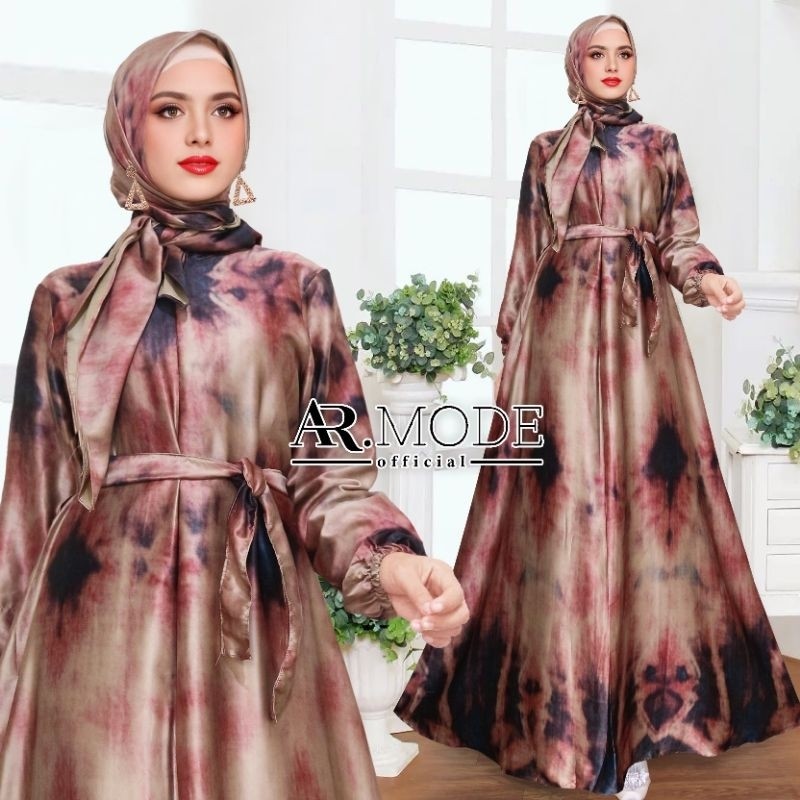 Gamis SET HIJAB SILKBROWN Motif Abstrak
