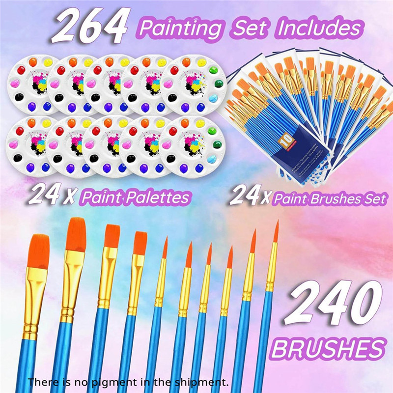 

ABFI 264PCS Paint Brushes And Palettes Set,24Pack Of 240PCS Paint Brushes Bulk, 24 Paint Paint Trays, Artist Acrylic Brushes