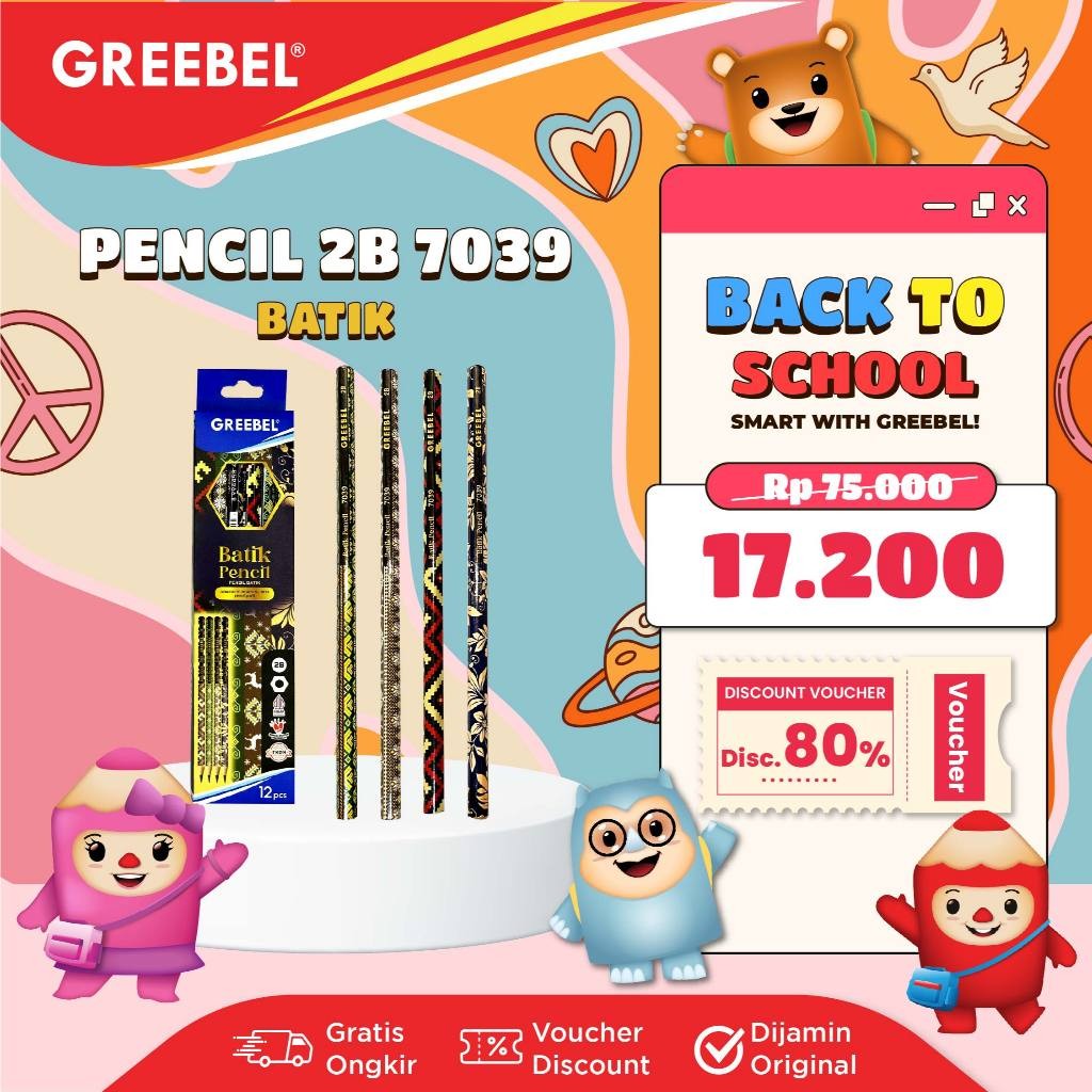 

GREEBEL Pensil Kayu 2B 7039 Batik – 12 Pcs / Set Pensil Ujian & Gambar Motif Karakter Harga Grosir Bisa Cod