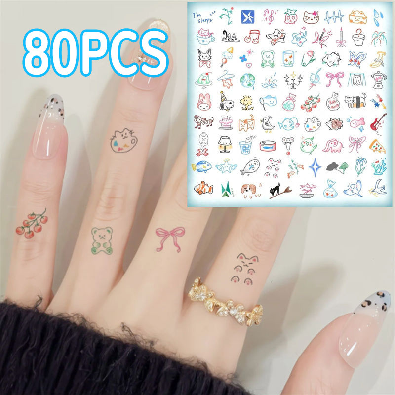 80pcs Stiker Tato Pola Kecil Tahan Lama Desain Hewan Kartun Sementara untuk Anak & Dewasa