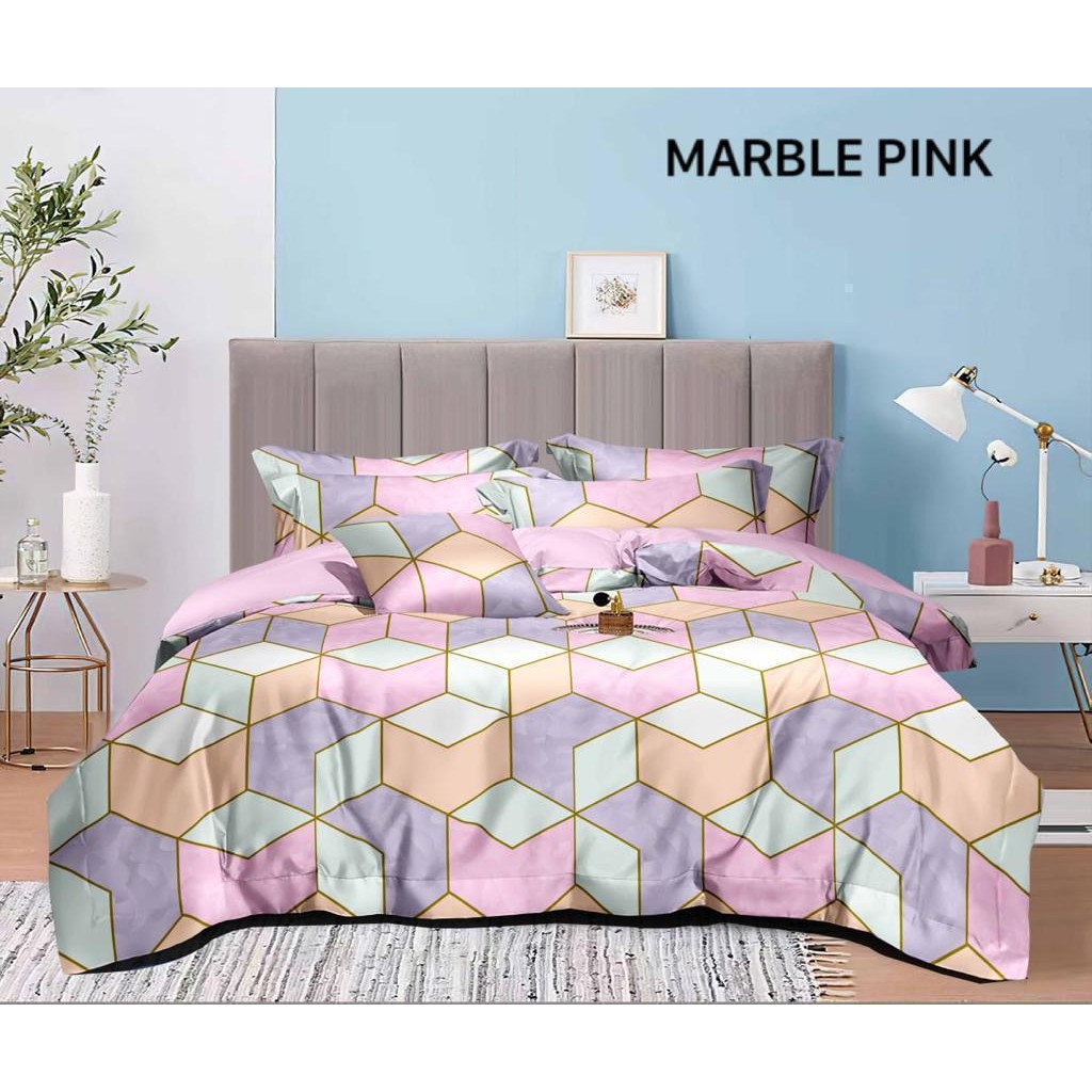 BEDCOVER SET MICROTEX DISPERSE MOTIF MARBLE PINK TINGGI SPREI 30 CM