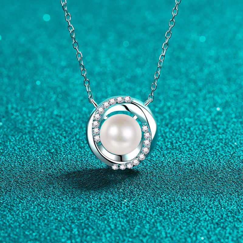 18k White Gold 0.18ct Moissanite Pearl Necklace Whirlwind Round Pendant Luxury Platinum Pt950 Temper