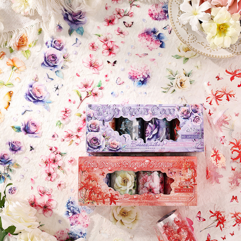 

[Gongjin] Sticker Box Flower Tea Town FTT Floral Stiker Bunga PET Mawar Rose Peony Hydrangea