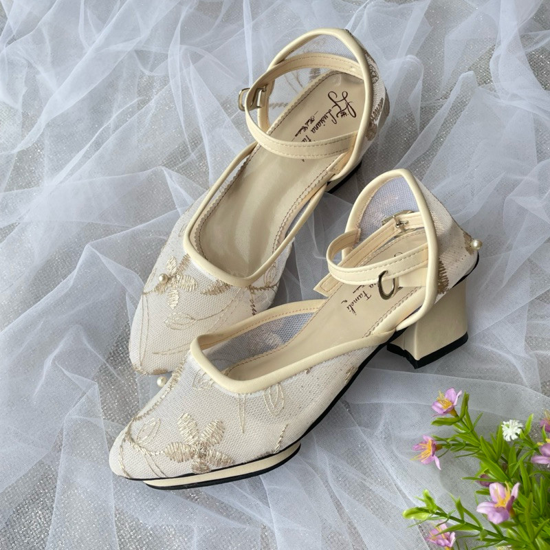 LUSIANA I sepatu pesta heels platfoam warna moca hak 9 - 10 cm polos bentuk U  pake tali sepatu tran