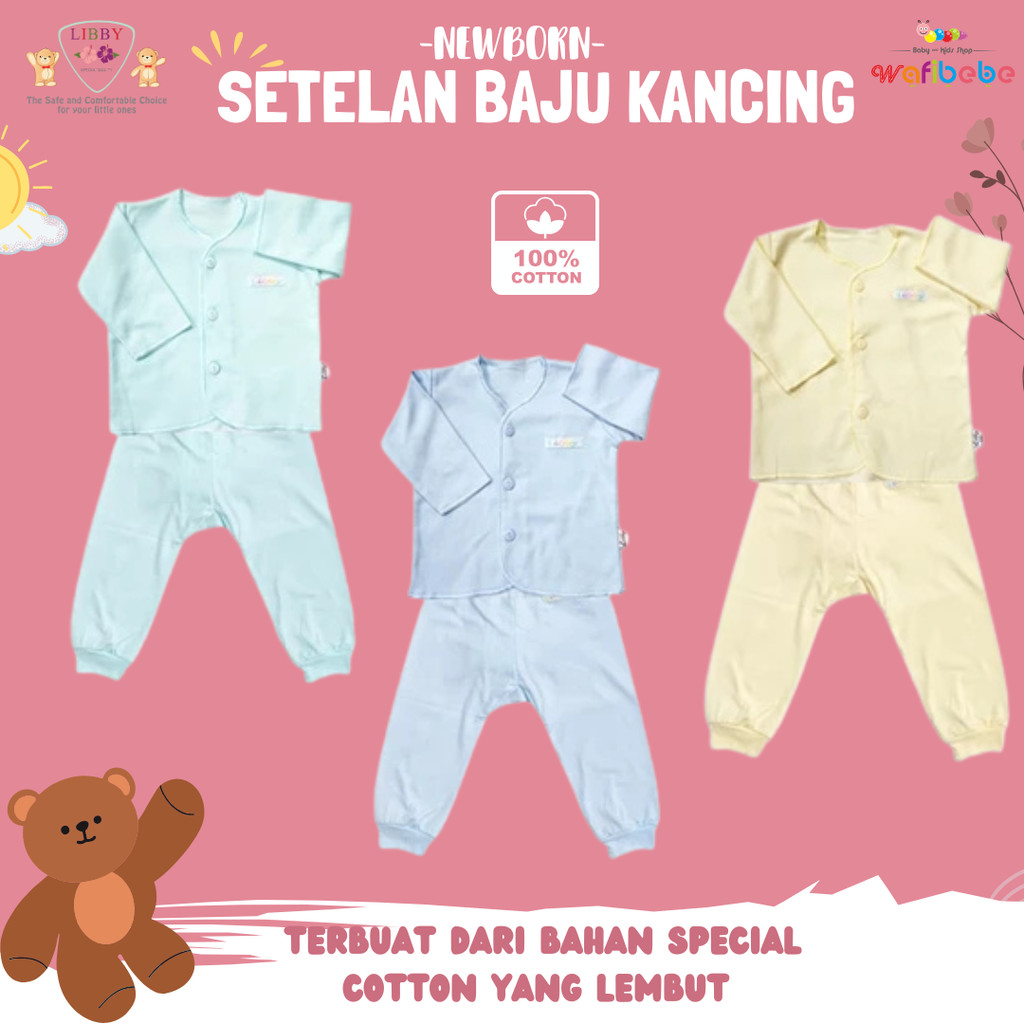 LIBBY Setelan Baju Kancing Newborn Polos Unisex -Setelan Bayi