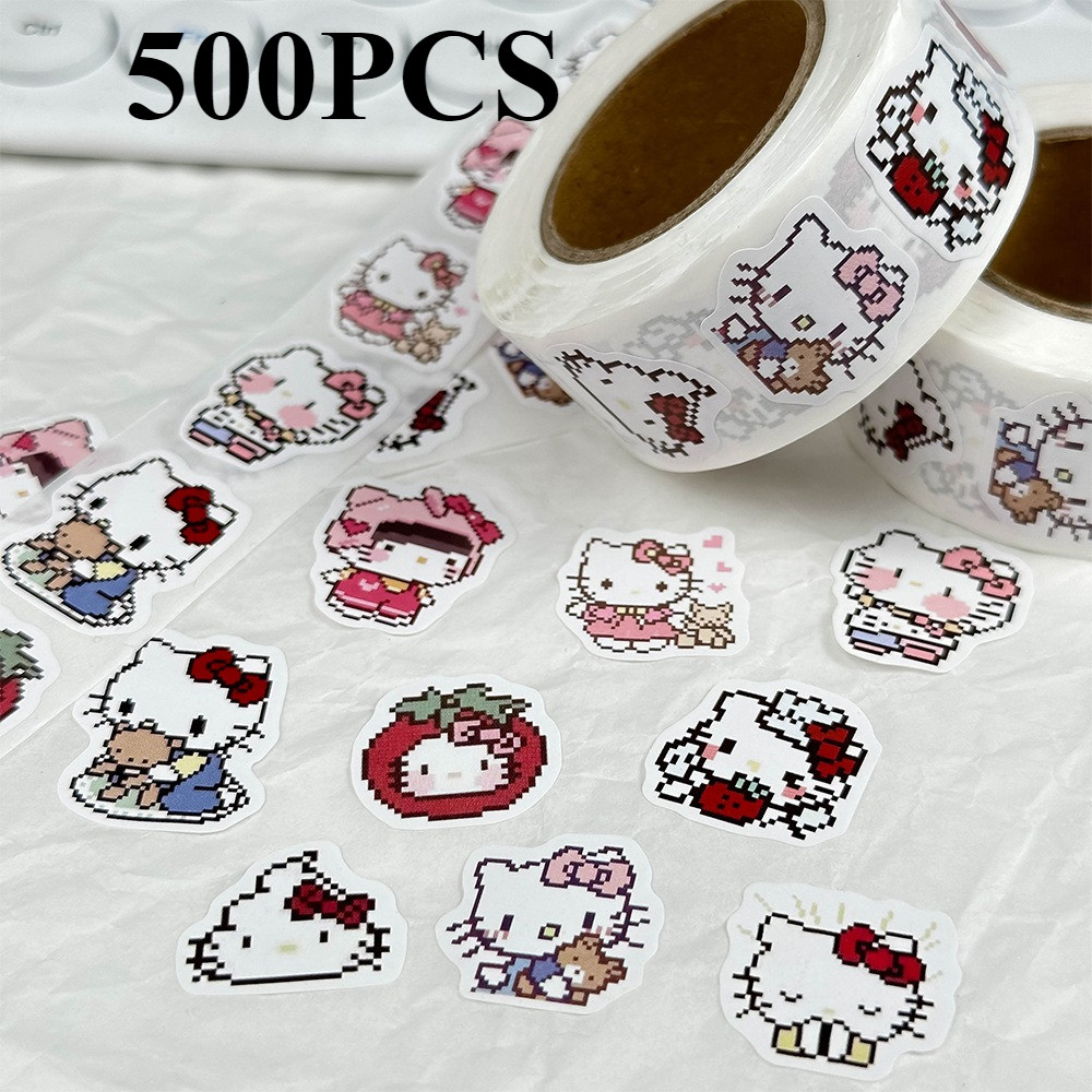 

500PCS Cute Hello Kitty Roll Stickers Sanrio Anime Sticker Decorative Luggage Notebook Guitar Bike Classic Cartoon Decal Toys