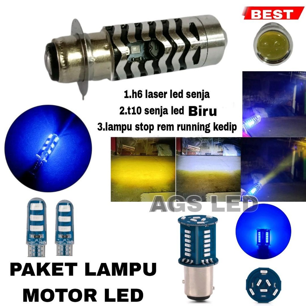 Paket lampu motor led H6 laser senja lampu  senja diam biru dan lampu stop led running kedip