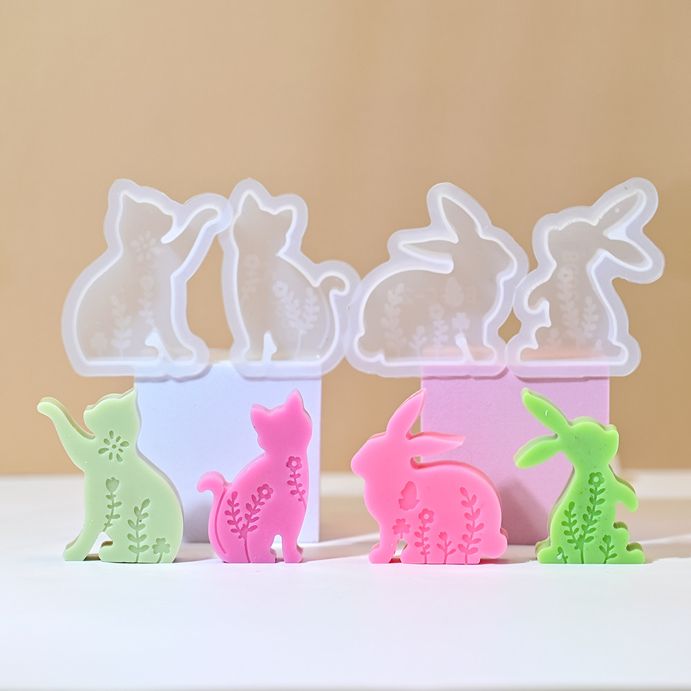 

S0167 3D Cat Rabbit with Flowers Printed Silikonform Easter Bunny Candle Molds Gypsum Ornaments Moldes De Silicona Para Velas