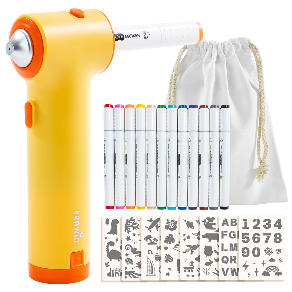 

Tenwin 1PCS Marker Electrical Airbrush for Kids Drawing DIY Art Sprayable Watercolor marker pen air brush with Painting Template