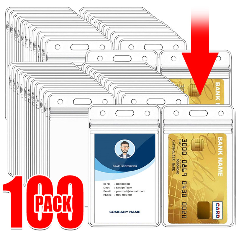 

100-1PACK ID Card Name Badge Holder Waterproof Card Protector IDCard Credit Collect Vertical Sleeve Pouch Office School Supplies